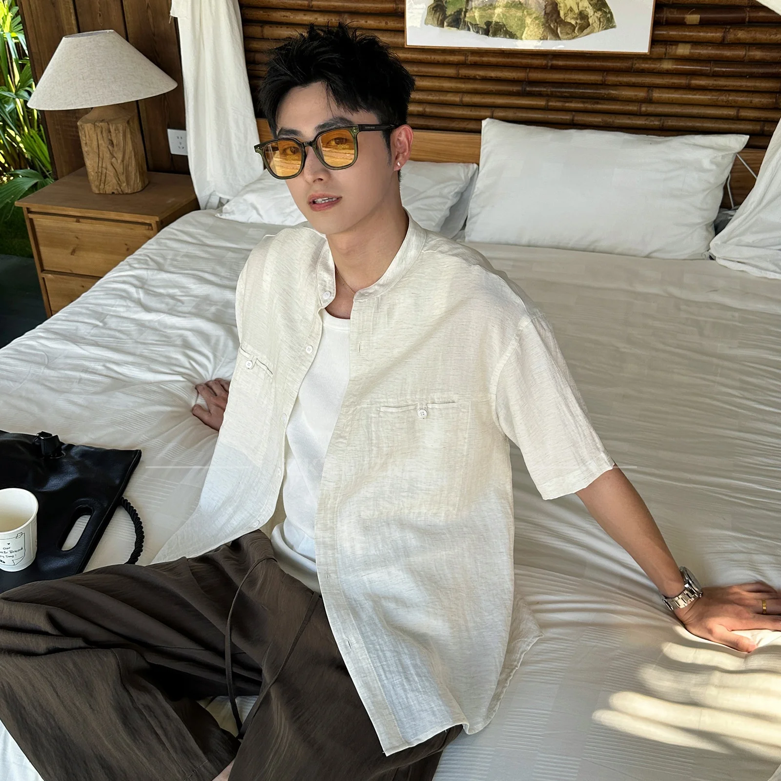 

Elegant Natural Coolness Linen Short Sleeve Shirt Thin Model Woven Fabric Summer Loose Fit Stand Collar Pure Color Izkz Brand