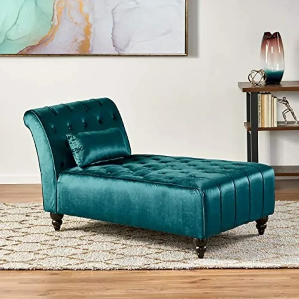 Velvet Tufted Chaise Lounge with Scrolled Backrest Dark Teal 54.5D x 28.5W x 30.25H Ideal for Living Room Decor