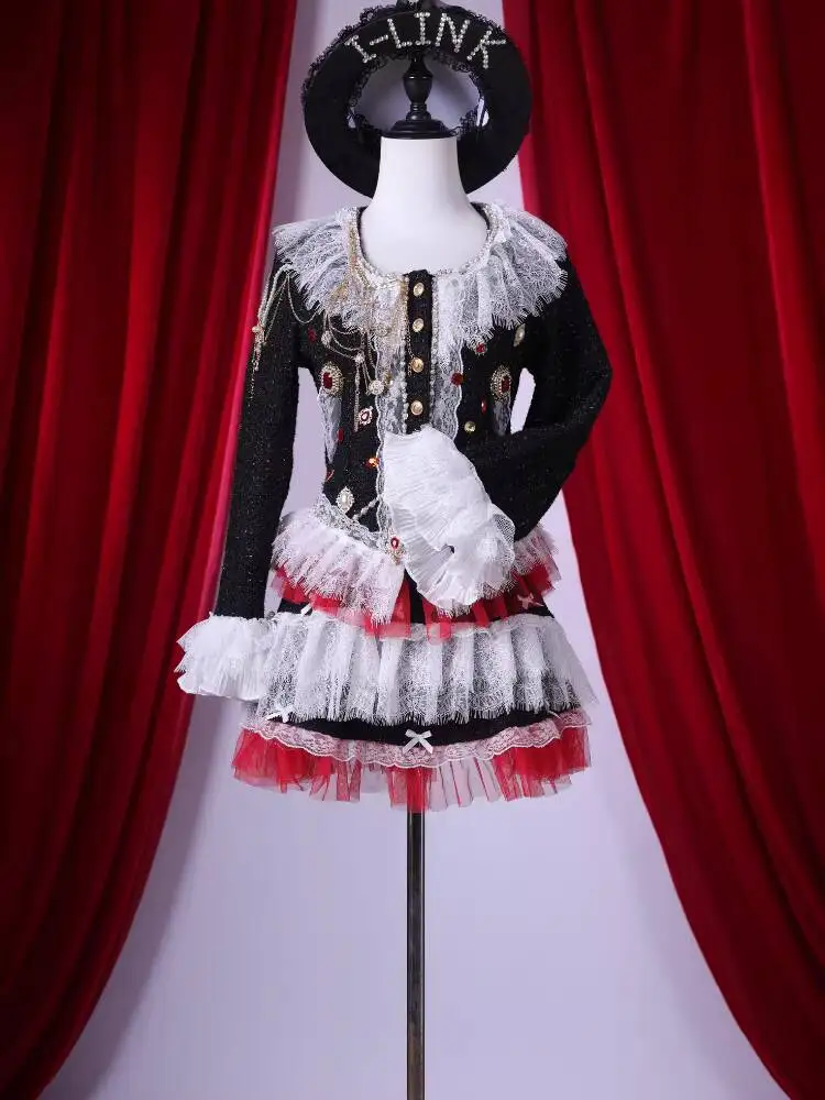 

Gothic Lolita Long Sleeve Dress Black Red Lace Ruffle Beaded Mini Skirt For K-pop Girl Group Concert Performances Outfit