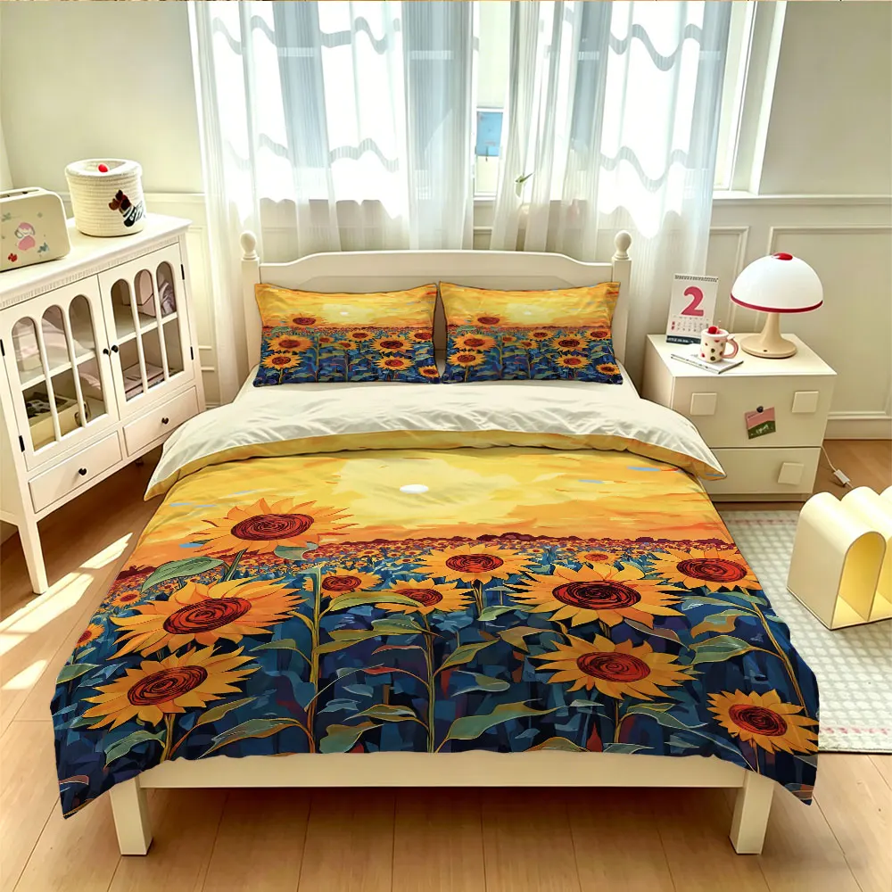 3pcs Oil Painting Style Beautiful Sunflowers Print Down Duvet Cover Set, Multi Size Bedroom Bedding Decoration, Machine Washable