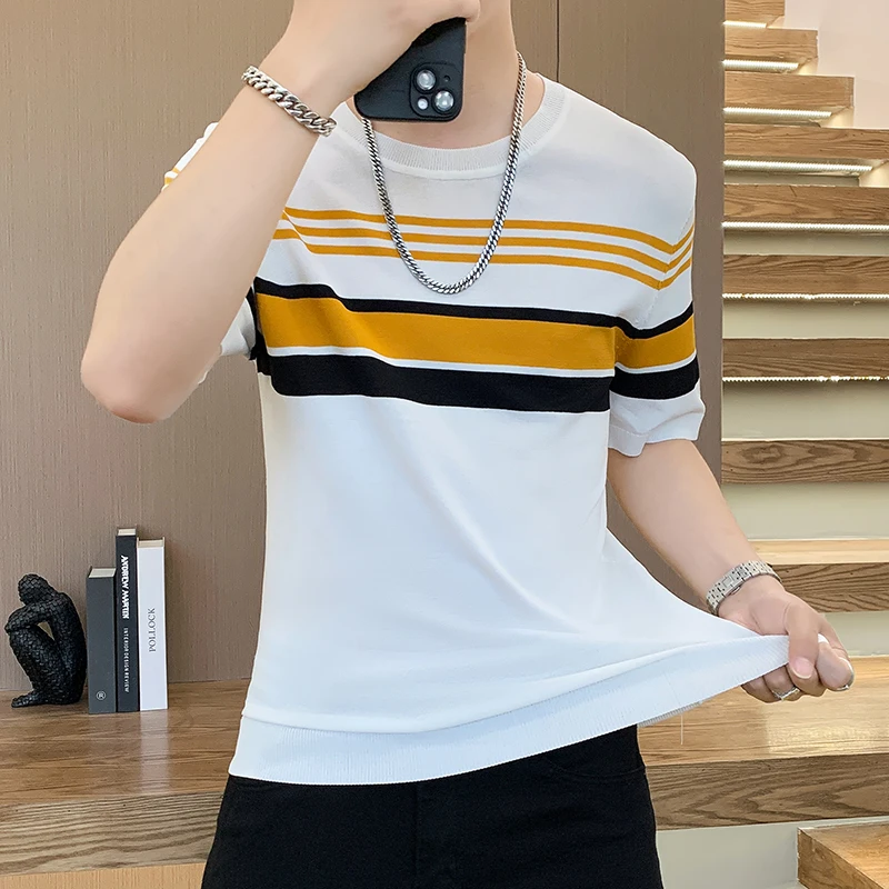 2024 Summer Ice Silk Knitted T-shirt for Men Short Sleeve Round Neck Casual T-shirt Slim Striped Business Social Tee Tops M-4XL