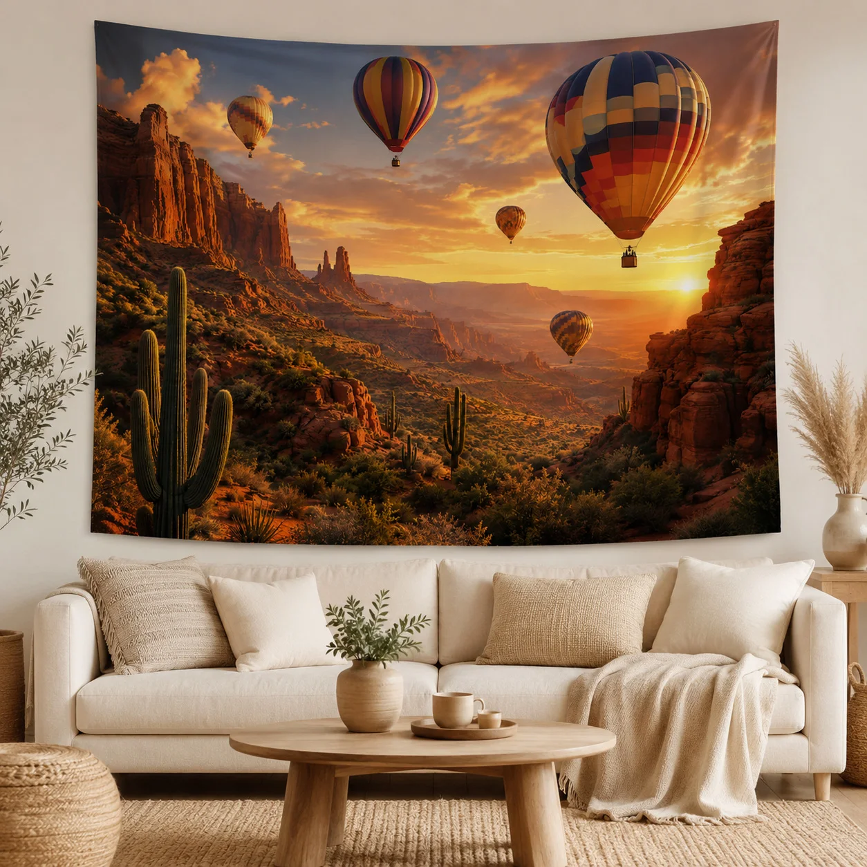 Desert tapestry, Red Rock Canyon, Cactus, Hot Air Balloon, Sunset Hanging Cloth, Living Room, Bedroom, Room Decoration Cloth
