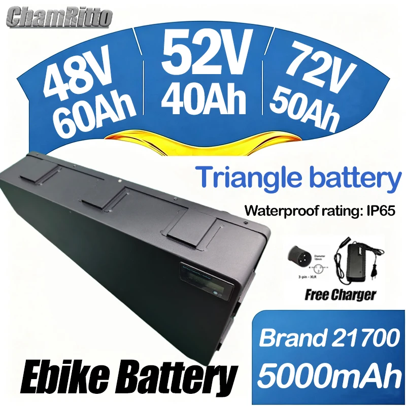 

48V 50AH Electric Bike Triangle Battery 52V 21700 Cell Cham-Ride 72V 60V 60AH 80A BMS Huge Capacity 3000W Super Powerful Battery