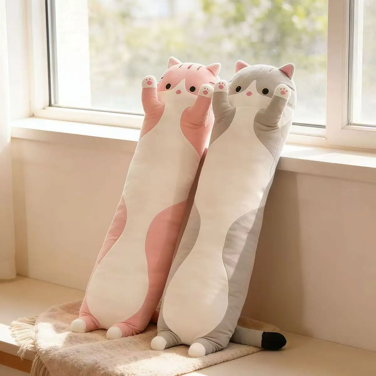 19.5in Cute 50cm Cat Plush Toy Long Pink Brown Grey Sleeping Cats Leg Pillow Squishy Little Animal Doll Appeasing Plushie Gift