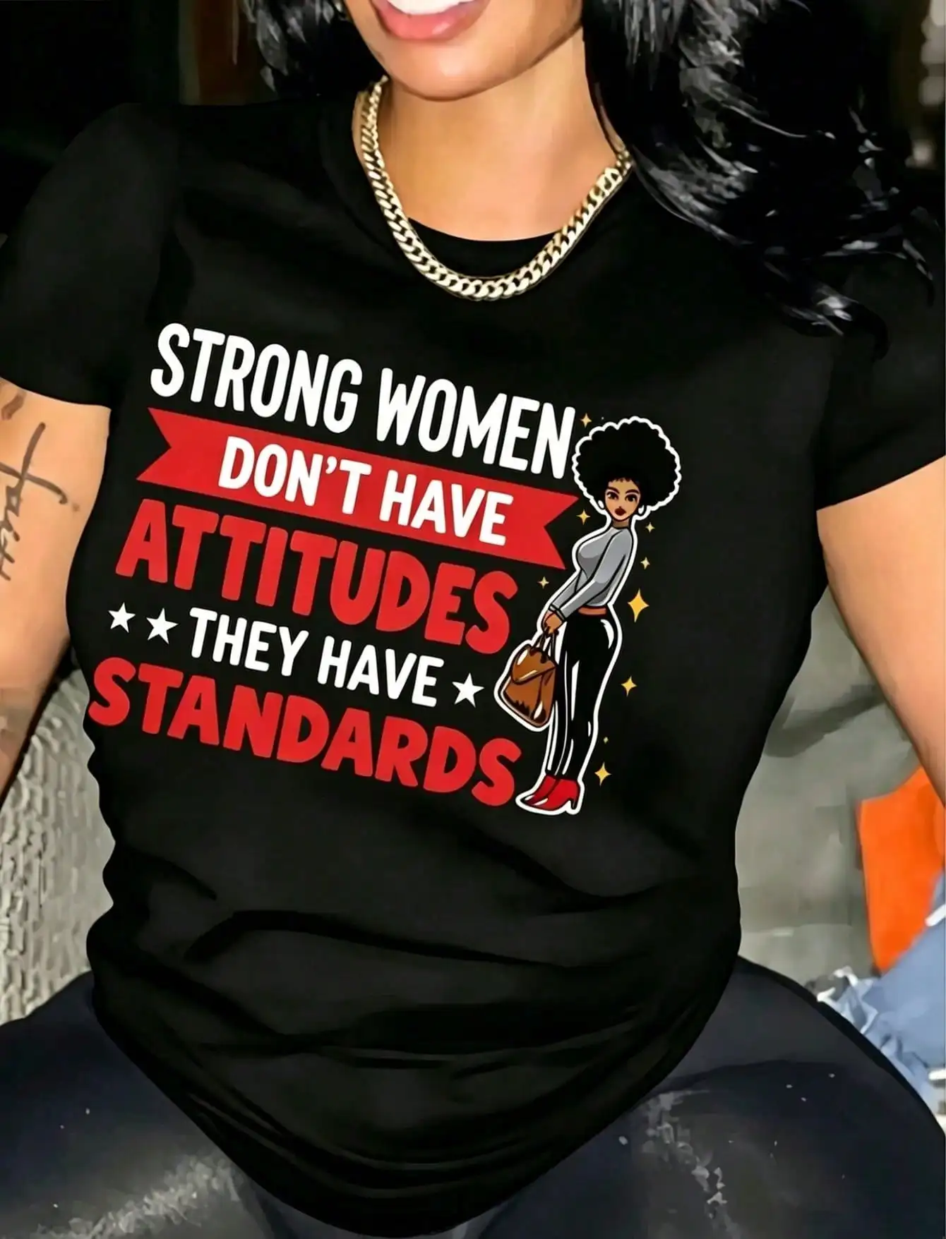 1pc Women' Strong Women Standards Print White TShirt Crew Neck Casual Tee Medium Stretch Knit Fabric Regular Fit Female Ladies