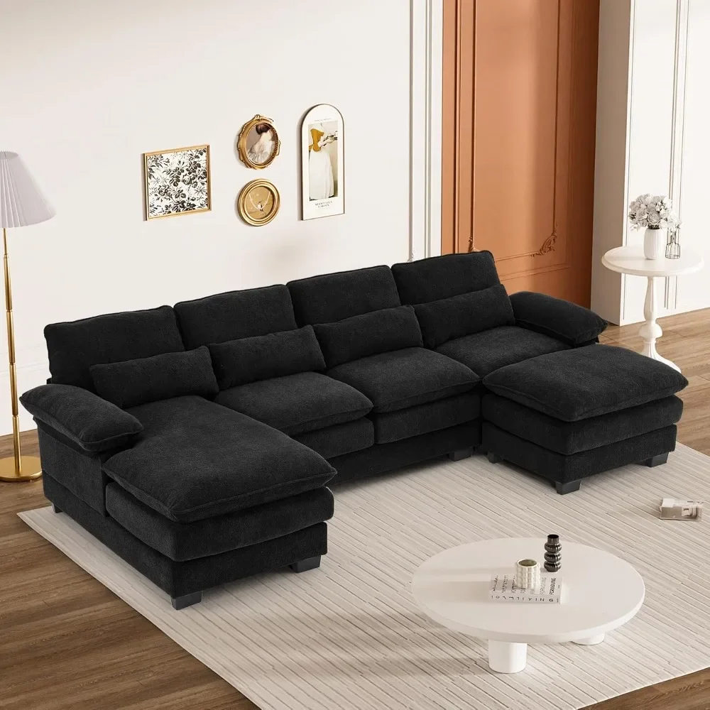 

114" Comfy Chenille Modular Sectional Sofa, Modern Upholstered 4 Seat L Shape Couch with Lounge Chaise Ottoman Pillows, Black