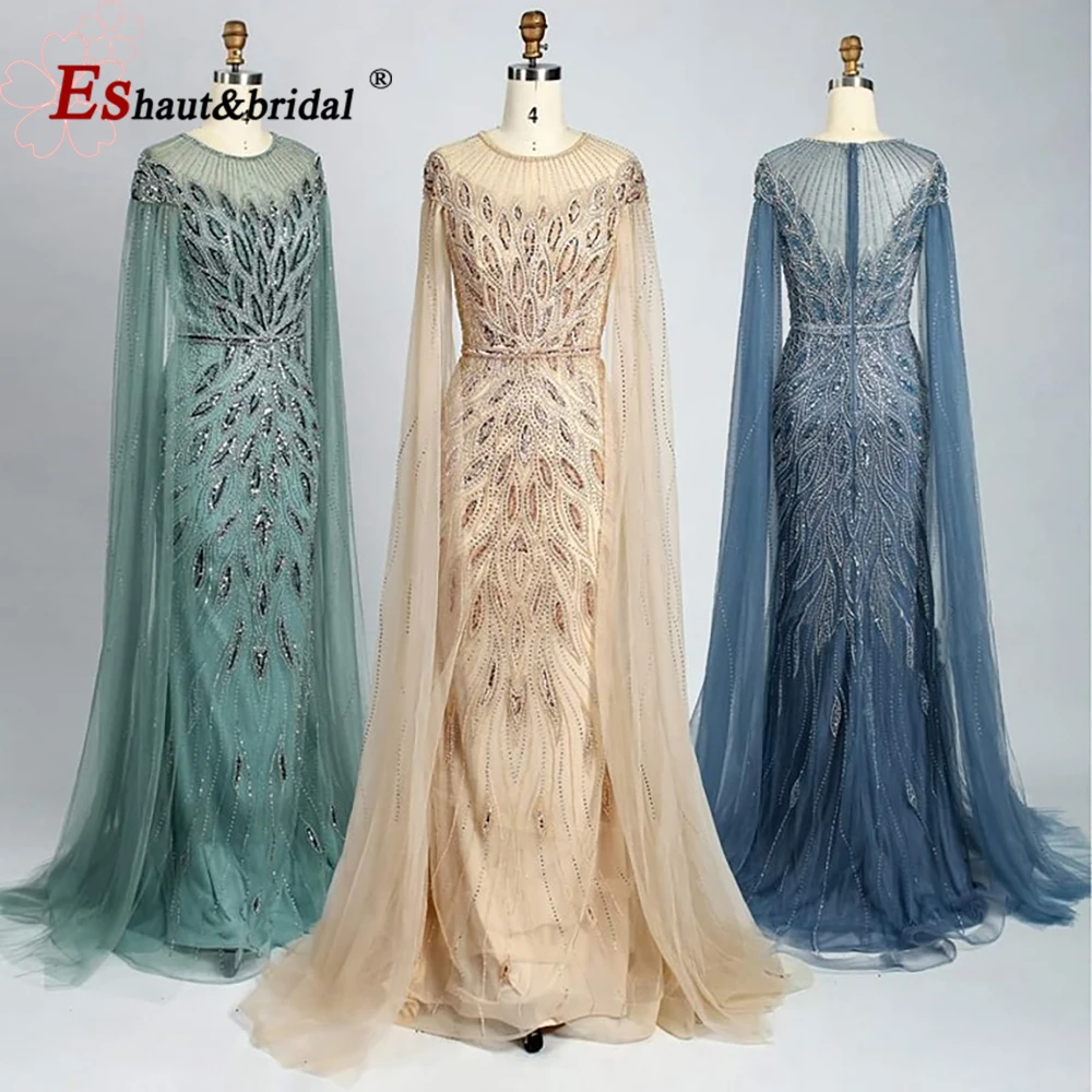 Elegant Arabic Mermaid Beaded Evening Dress for Women 2023 Luxury Long Cape Sleeves O Neck Formal Prom Wedding Party Gowns