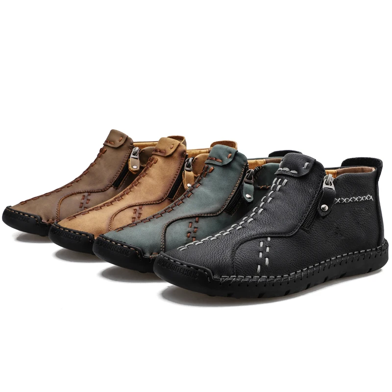 Handmade Genuine Leather Premium Men Casual Sneakers Flat Sole Zip Up Boots Plus Size Outdoor Walking Desert Boots Size 38 To 48