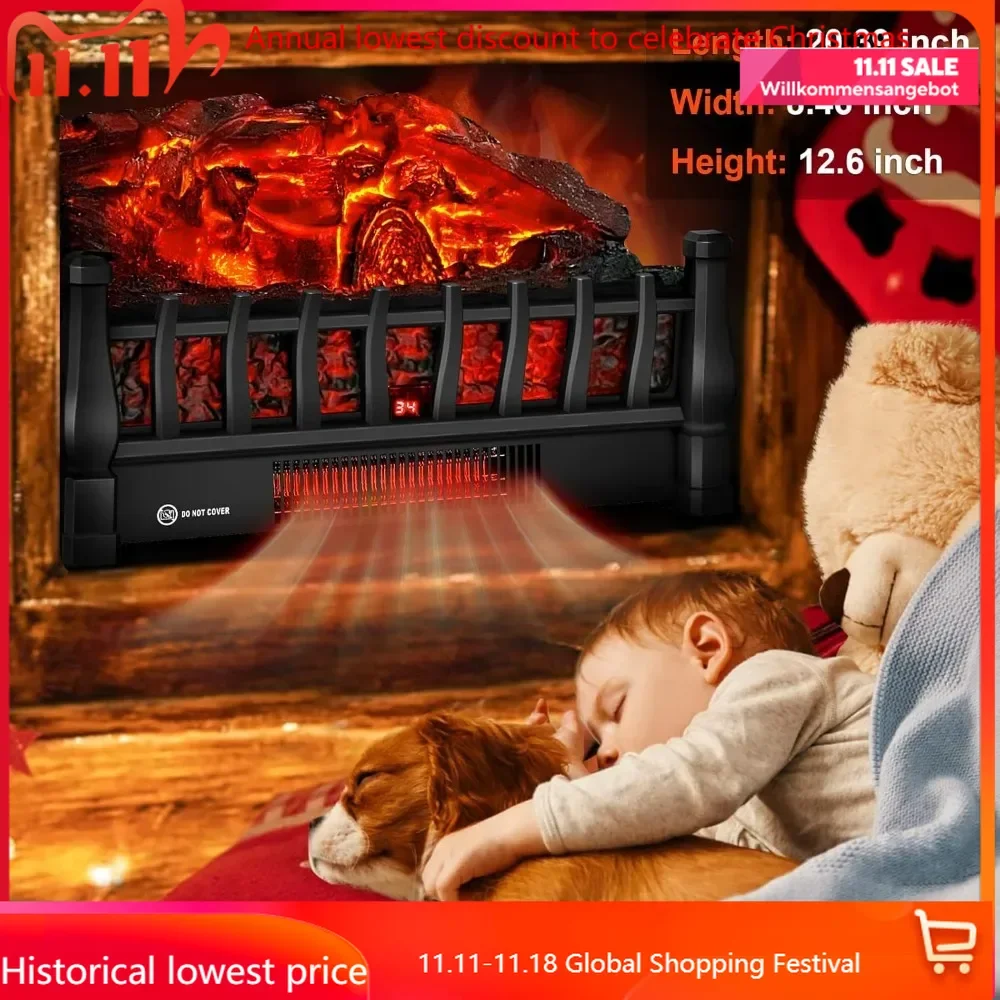 Electric Fireplace Logs Inserts Heater with Infrared Remote Controller 5 Flame Brightness 24 H Timer Overheating Protection for