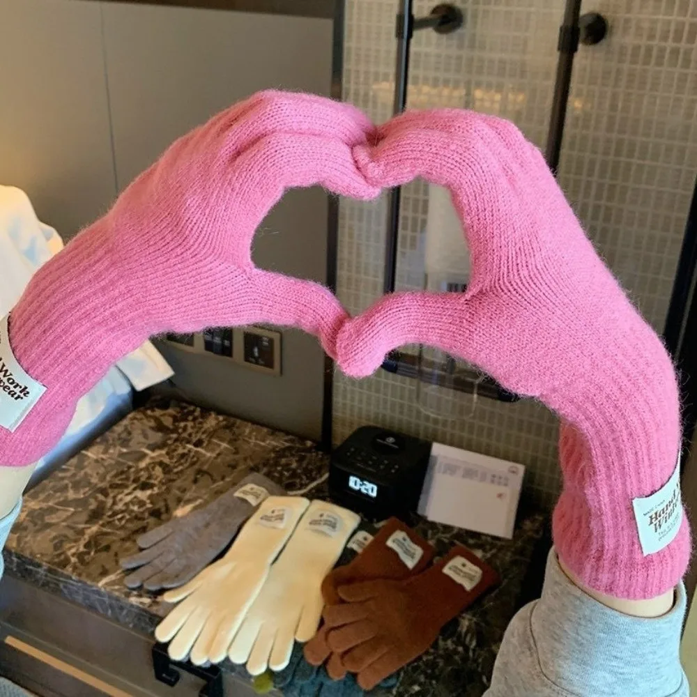 French Style One Size Full Finger Knitted Gloves Warm Lining 10Colors Warm Winter Gloves Faux Cashmere Gloves Typing Use