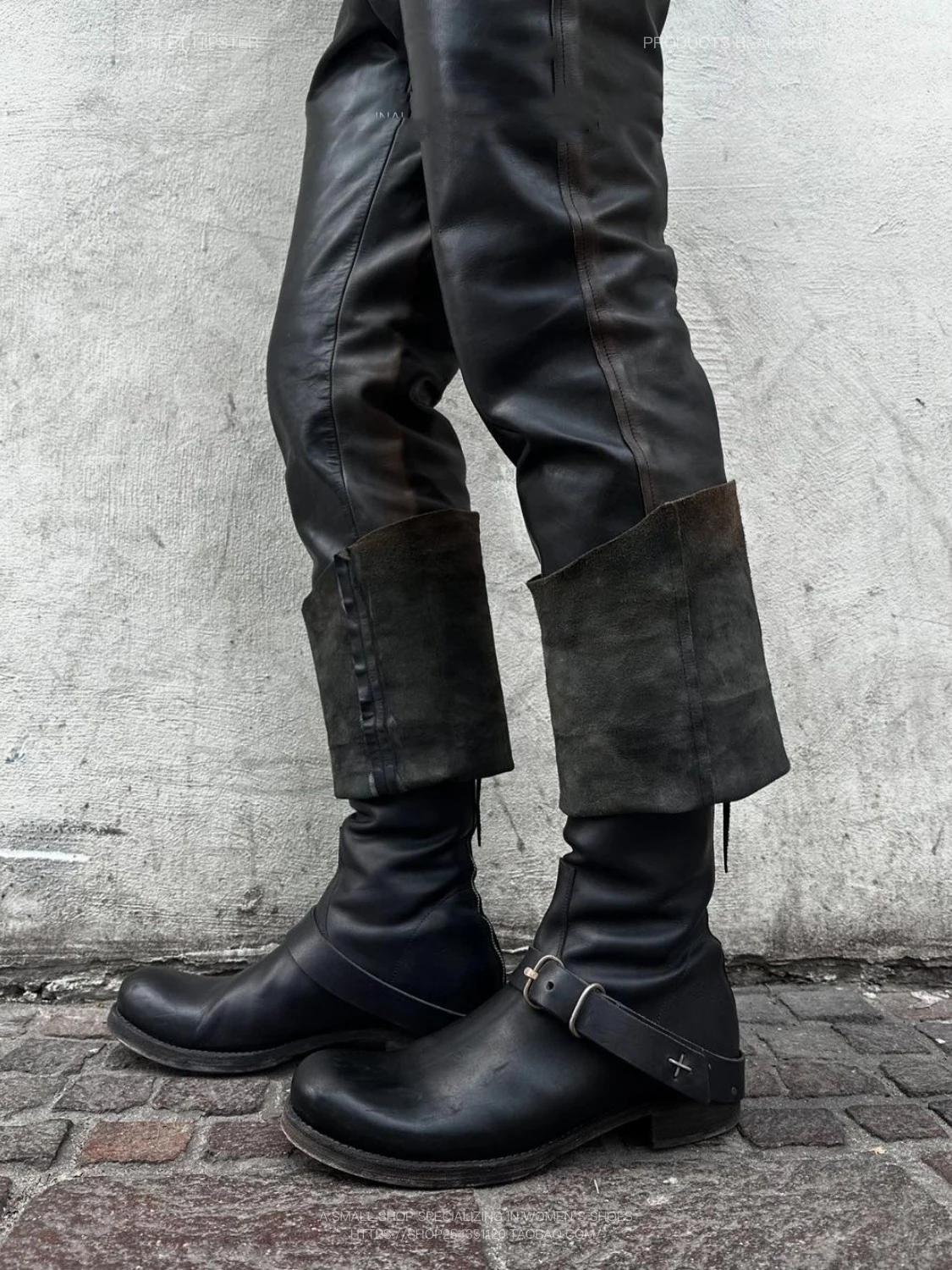 Men's Black Distressed Leather Mid-Calf Boots Buckle Strap Rugged Sole Retro Style for Historical Reenactments Everyday Looks