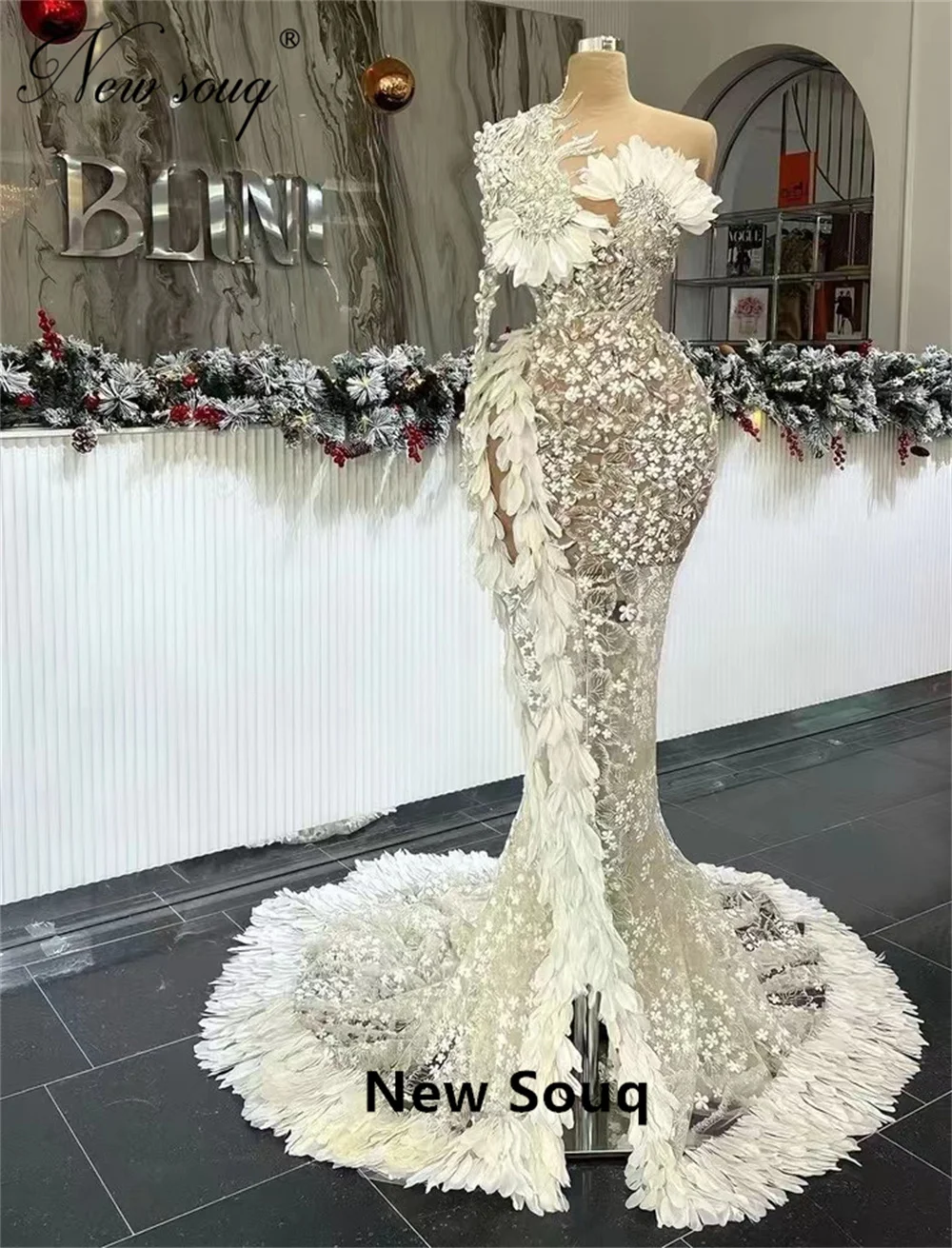 Dubai Design Mermaid abiti da sera perline piume lunghe celebrità abiti donna vestito da festa per matrimoni Vestidos De Noche