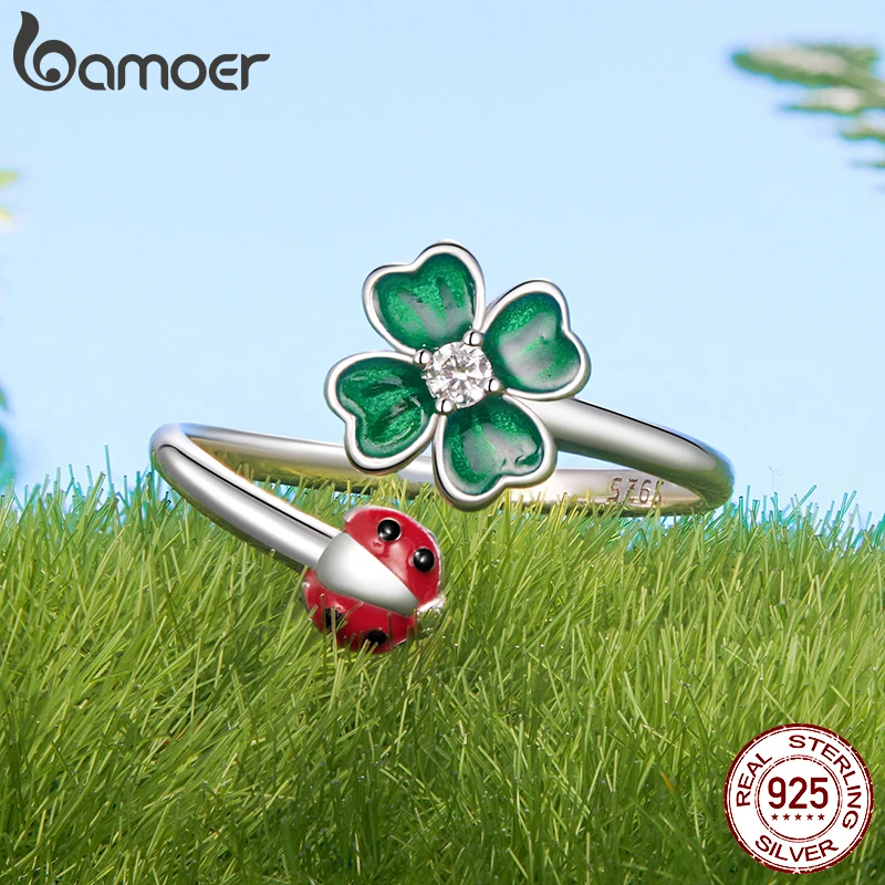 BAMOER 925 Sterling Silver Four-leaf Clover Ladybug Open Ring for Women, Lucky Jewelry Gift Fashion Birthday Graduation Gift