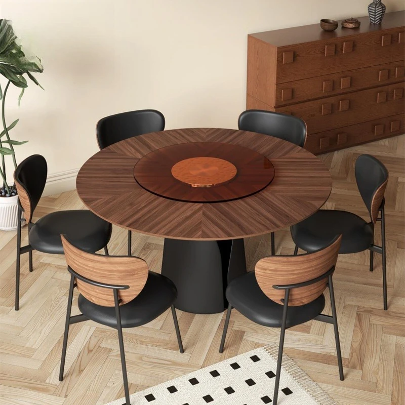 High-end interior design dining table set, elegant round table with rotating tray, suitable for project use