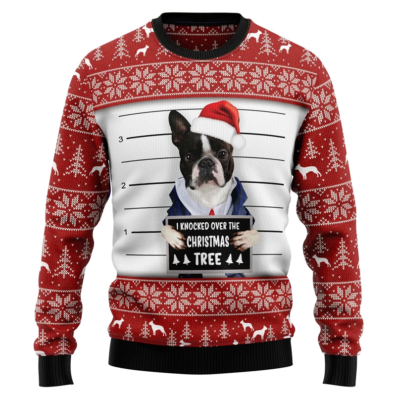 3D Print Merry Christmas Bulldog Pattern Vintage Retro Winter Ugly Sweater Men Women Harajuku Pullover Casual Funny Long Sleeves