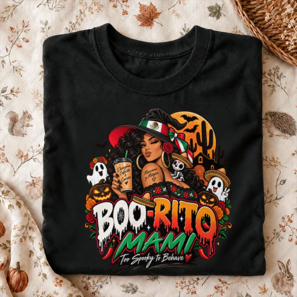 Boo Rito Mami Mexican Witch Latina Graphic Women Casual Short Sleeve T-Shirt Funny Spooky Cute Mexican Halloween Gift Blouse