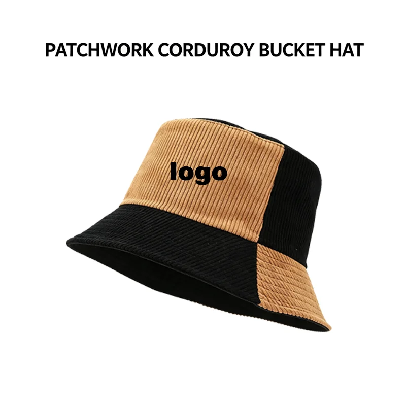 Custom Logo Vintage Corduroy Bucket Hat Two Tone Patchwork Wide Brim Sun Hat Retro Streetwear Unisex Warm Cap For Men Women