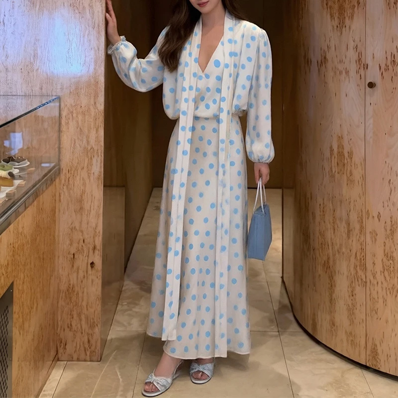 Franse stijl polkadot-geprinte avondjurk, elegante hoge taille V-hals geplooide jurk, luxe lantaarnmouwen satijnen maxi-jurk - afbeelding 1
