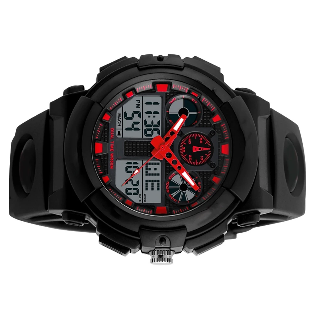 

Waterproof Digital Watch Quartz Movement LED Sports Men Watches 50M PU Strap Stainless Steel Buckle Dual Time Display
