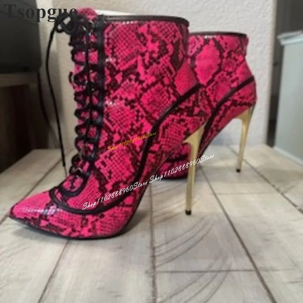 Rose Red Python Print Cross Tied Ankle Boots Thin High Heel Women Shoes Back Zipper Pointed Toe 2024 Fashion Zapatos Para Mujere