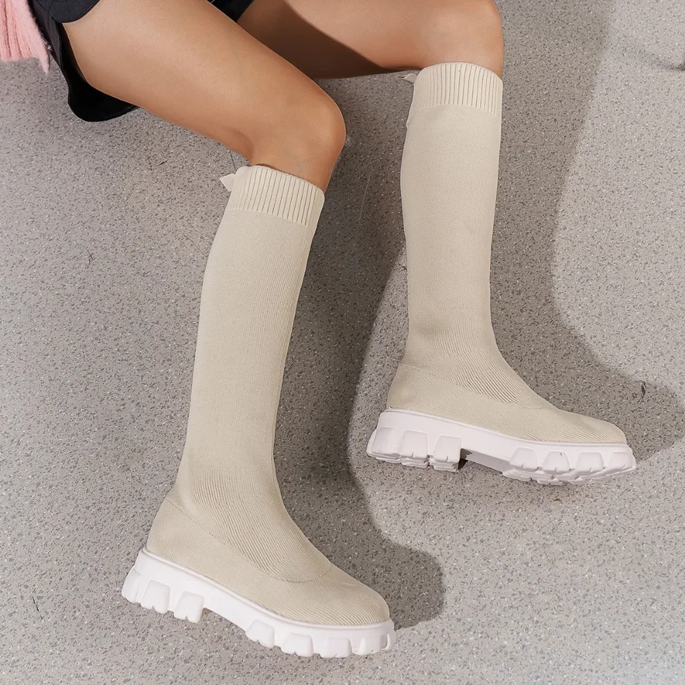 2024 New Winter Over-the-Knee Stretch Sock Boots for Women Thick Sole Slim High Heel Round Toe Available in Larger Sizes