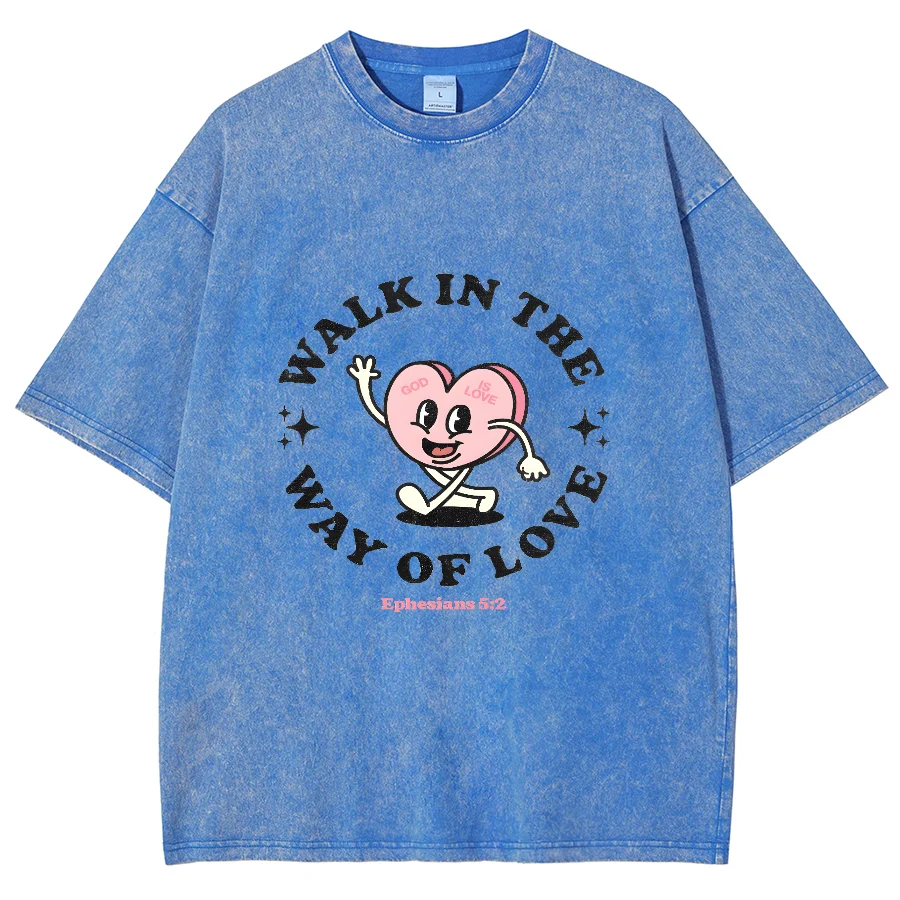 Walk In The Way Of Love Y2K Washed Short Sleeve T-Shirt, Creative Printed Unisex Oversized Vintage Streetwear Fashion Plus-Size