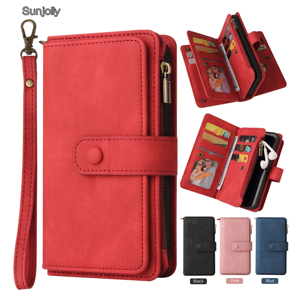 Sunjolly 15 Card Case for Samsung Galaxy Note S10 Lite A81 M60S A71 A51 A70 A40 A50 Lanyard Flip Pink Wallet Leather Phone Cover