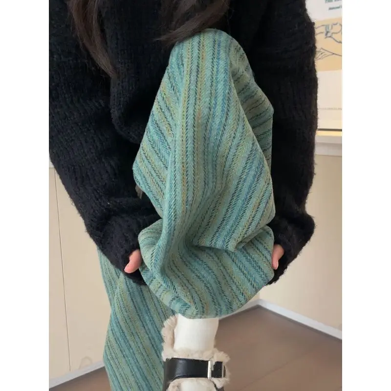 Woolen Wide-leg Pants for Women in Autumn and Winter New High-waist Drooping Casual Straight-leg Slimming Lazy Striped Pants
