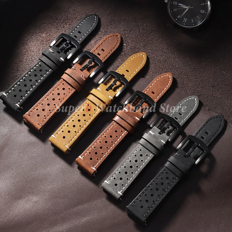 حزام من جلد البقر لساعة سامسونج جالاكسي 18/19/20/21/22/24 مللي متر سوار معصم ريترو قابل للتنفس لسوار Seiko سريع الإصدار