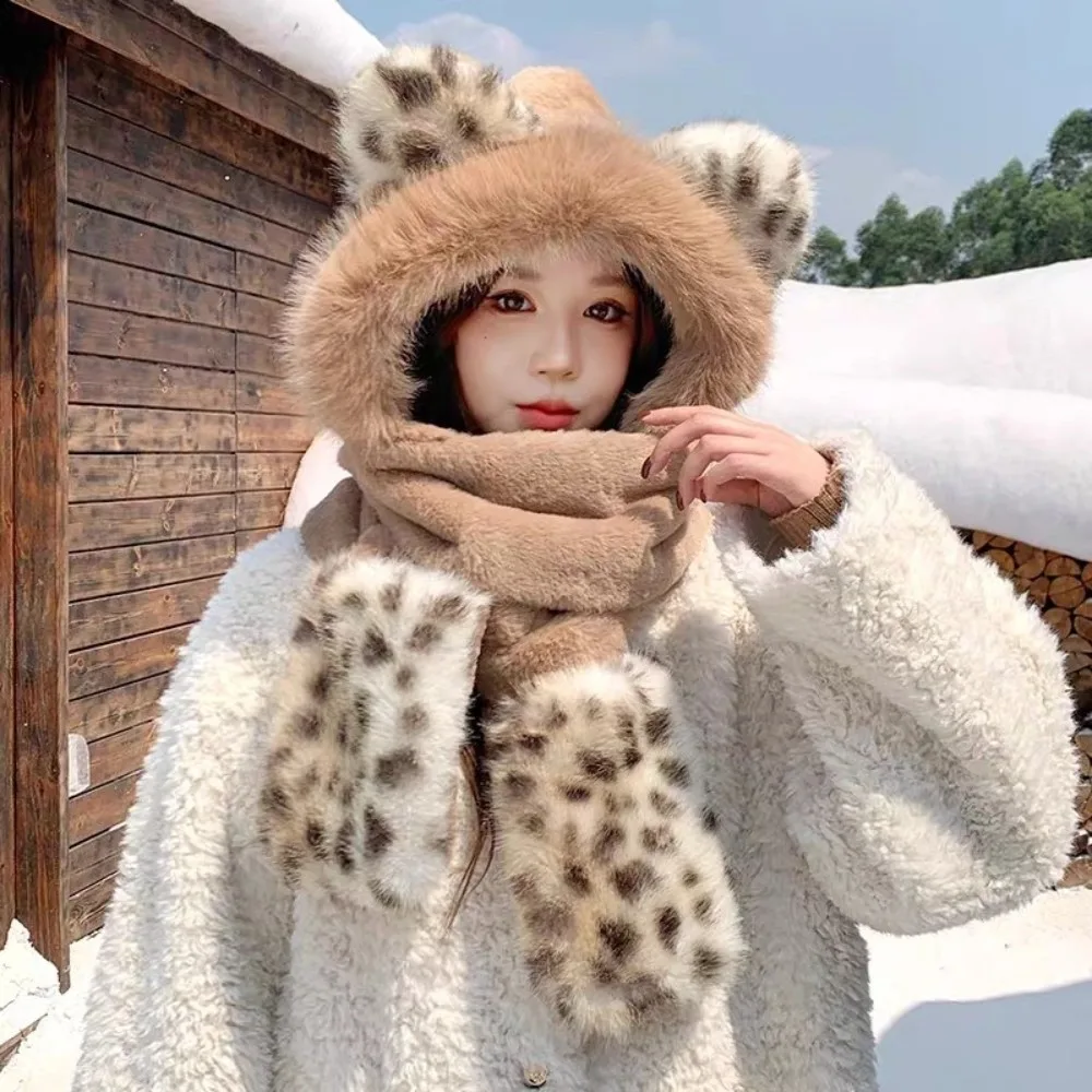 

Warm Thickened Hat Scarf One-Piece Cute Ear Cycling Skiing Hat Fleece Lined Winter Hat Women