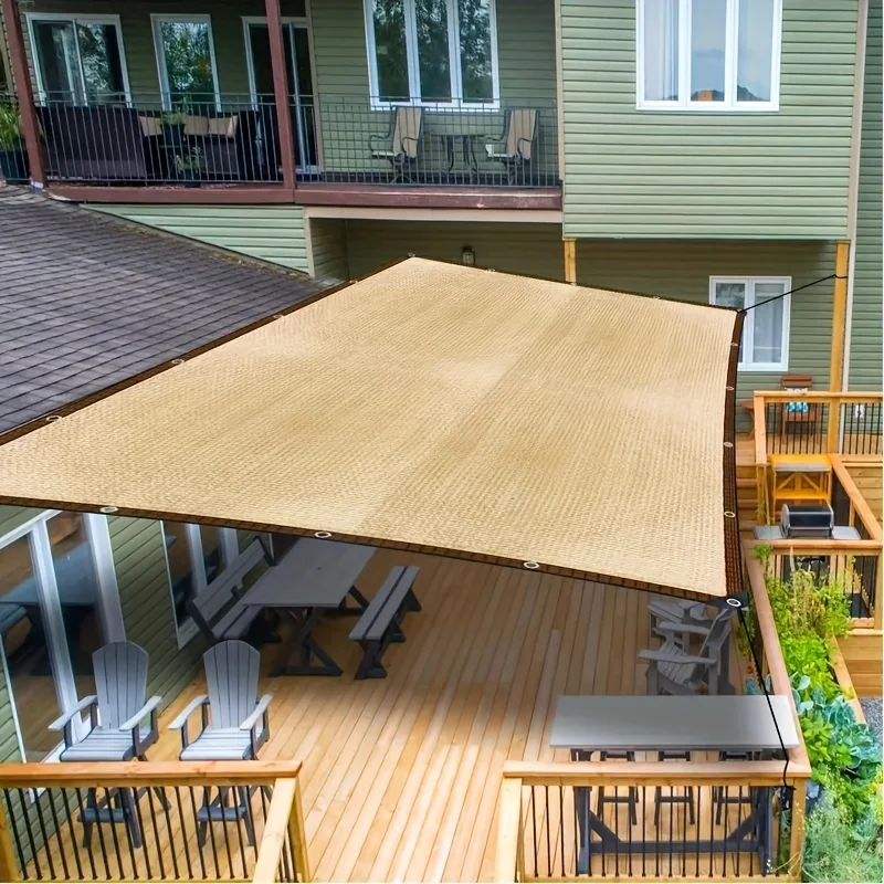 شبكة تظليل سميكة من البولي إيثيلين، شراع من الأشعة فوق البنفسجية باللون البيج لحديقة ساحة الفناء، مظلة شمسية متينة من البولي إيثيلين، حماية من أشعة الشمس في الهواء الطلق