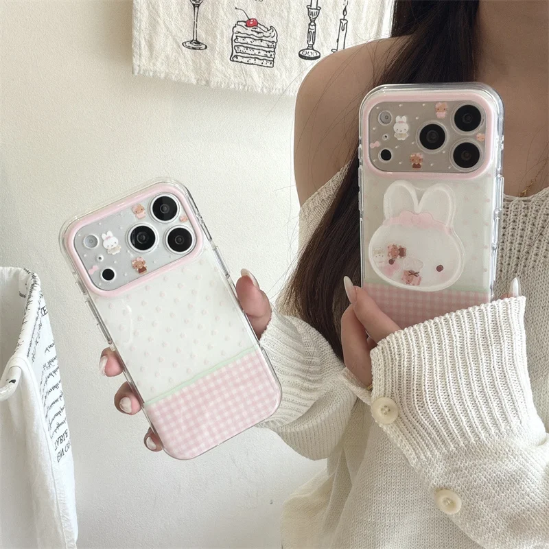 

Korean Polka Polka Plaid Pattern Miffy Rabbit Phone Case For iPhone 17 Pro 16 15 Pro Max Cover with Shaking Stand Cute Cartoon C
