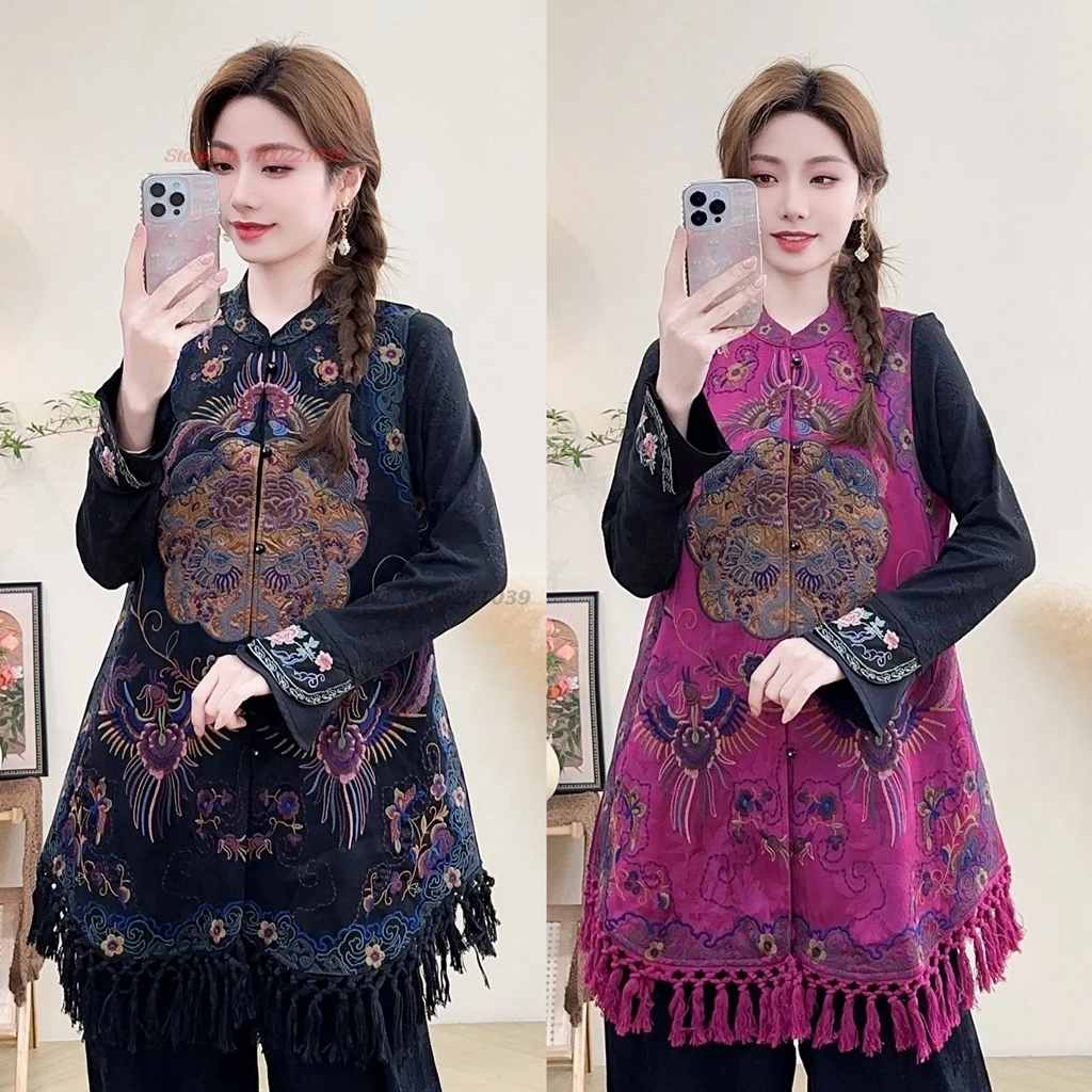

2025 chinese vintage hanfu tops traditional satin jacquard stand collar vest national phoenix embroidery vest sleeveless jacket