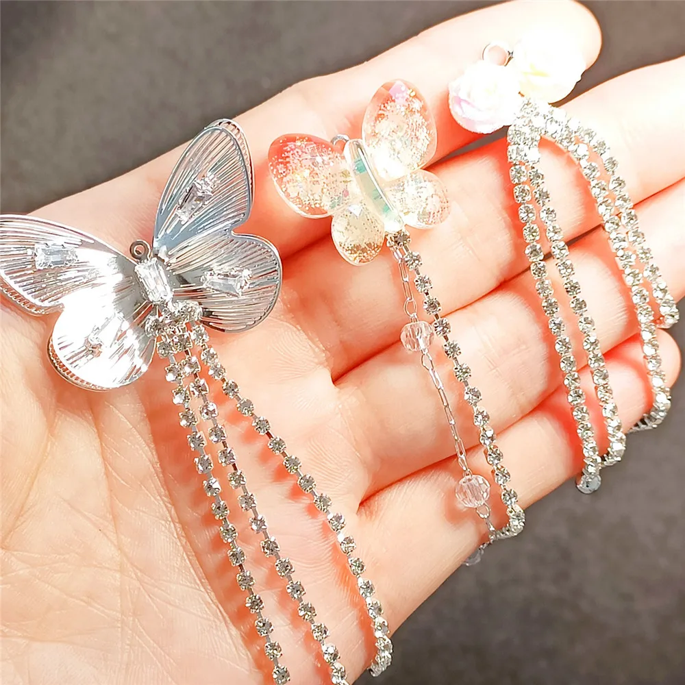 Silver Butterfly Rose with Zirconium Tassel Pendant, Diy Mobile Phone Chain Accessory, Material and Accessory