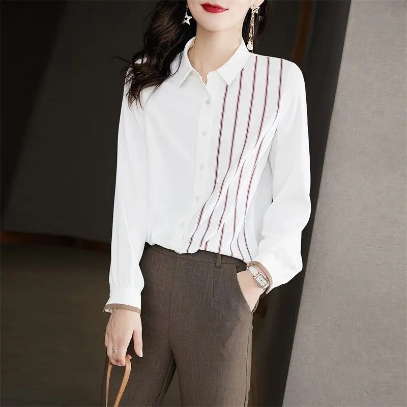 Spring Autumn Women\'s Clothing Turn-down Collar Striped Button Cardigan Lantern Long Sleeve Contrast Color Casual Shirt Tops