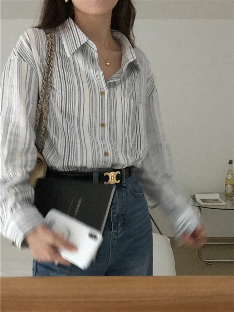Colorfaith BL9736 New 2023 Lady Shirts Striped Vintage Korean Fashion Elegant Women Spring Summer Office Blouses Chic Wild Tops