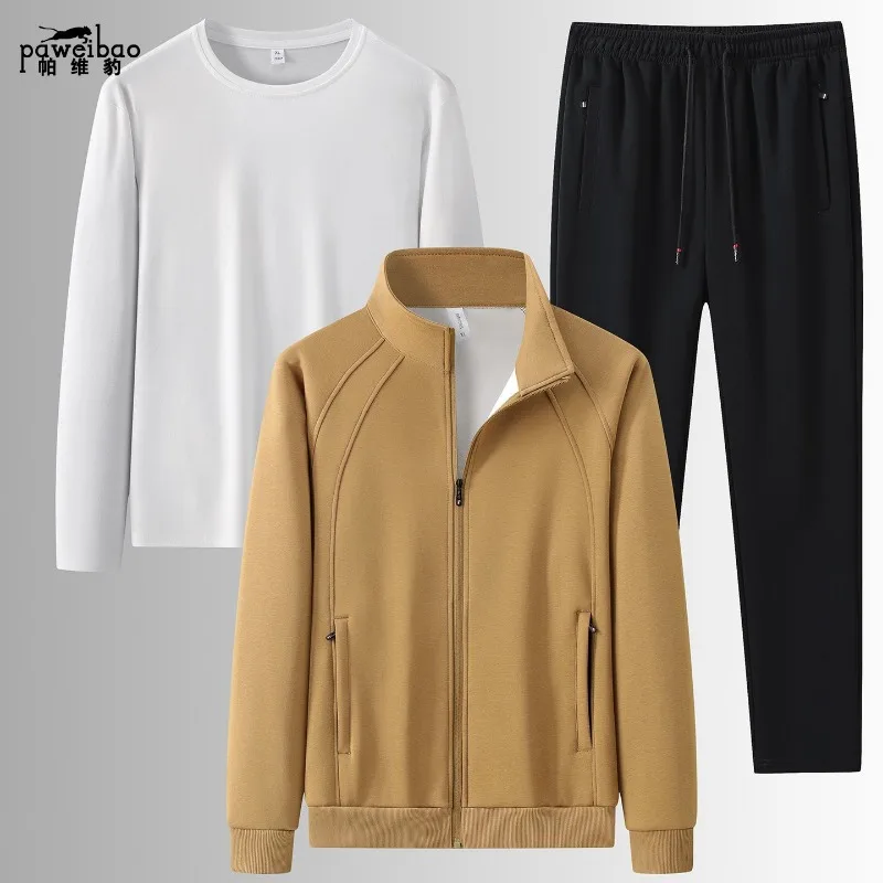 Men Spring Autumn Casual Three Piece Sports Set Loose Plus Size Zip Up Jacket for Running Daily Wear