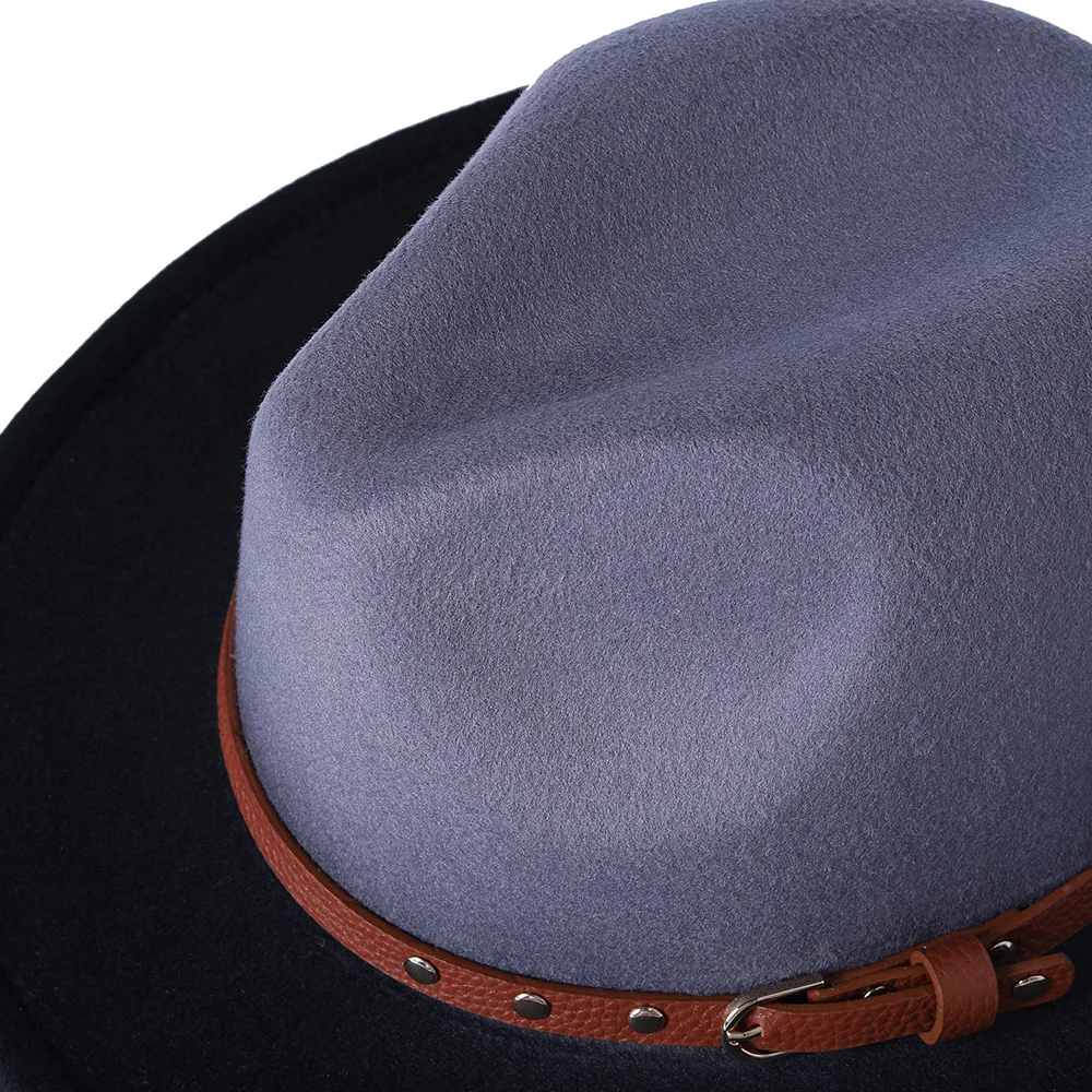 New Autumn Winter Fedora Wide Brim 7cm Unisex Jazz Hat Featuring Color-Blocking Spray Dyed Gradient and Dual Color Splicing