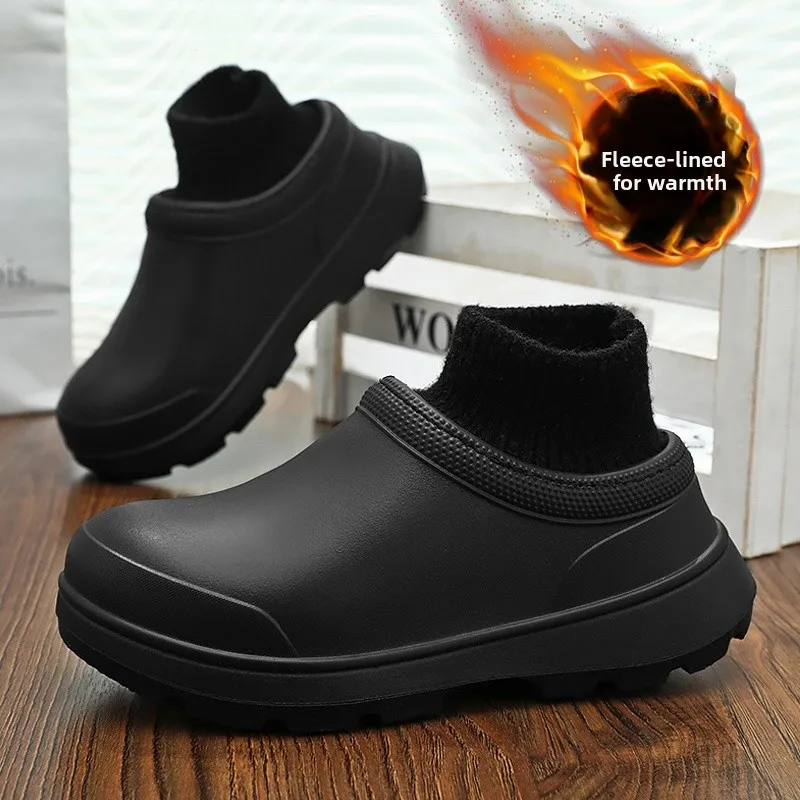 Men's Winter Thickened Fleece Lined Snow Boots Anti-slip Waterproof Kitchen Work Boots Youth Trend Korean Style Flat Heel