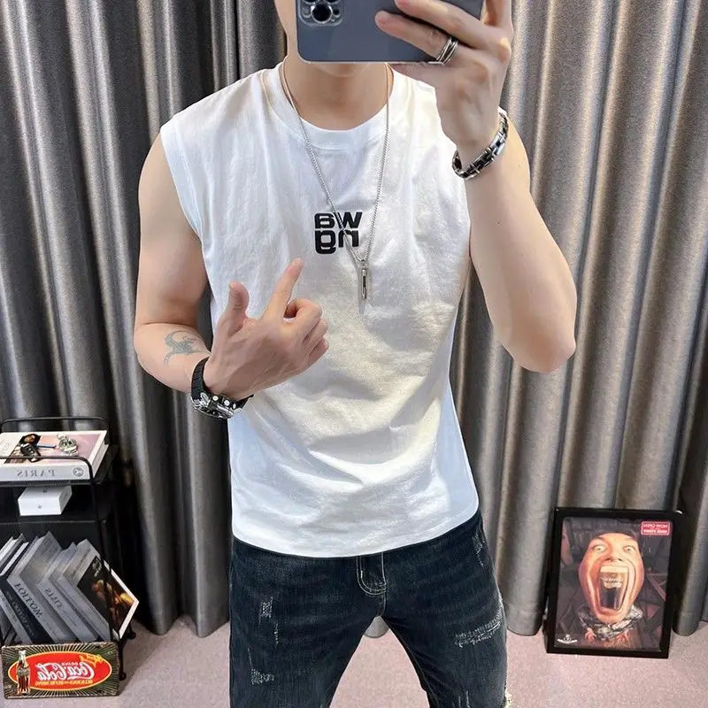 Fashion O-Neck Printed Letter Casual Tank Top T-Shirts Men\'s Clothing 2024 Summer New Loose Korean Sleeveless Tops All-match Tee