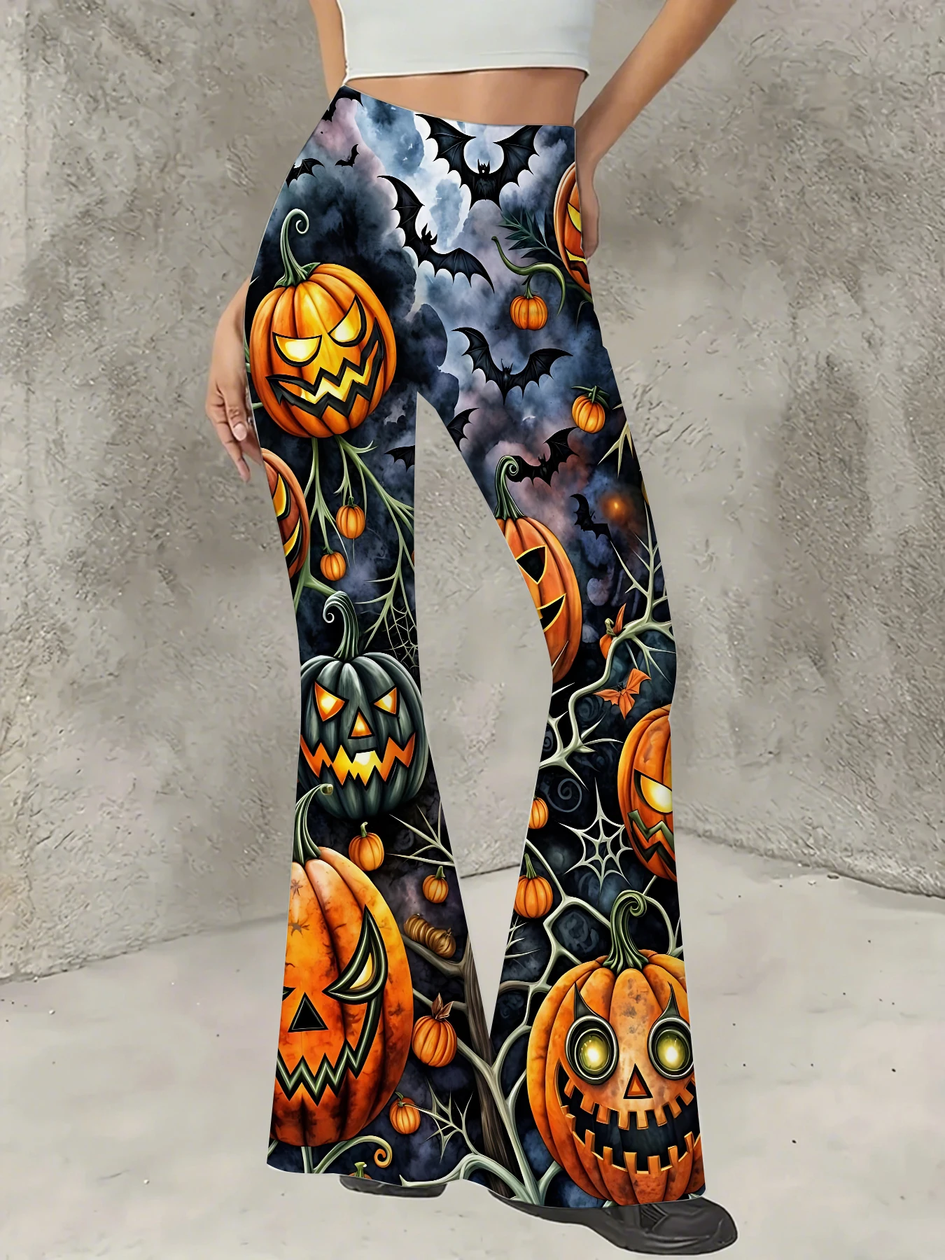 

Retro Printed Flare Pants Women High Waist Polyester Knit Bell Bottom Trousers