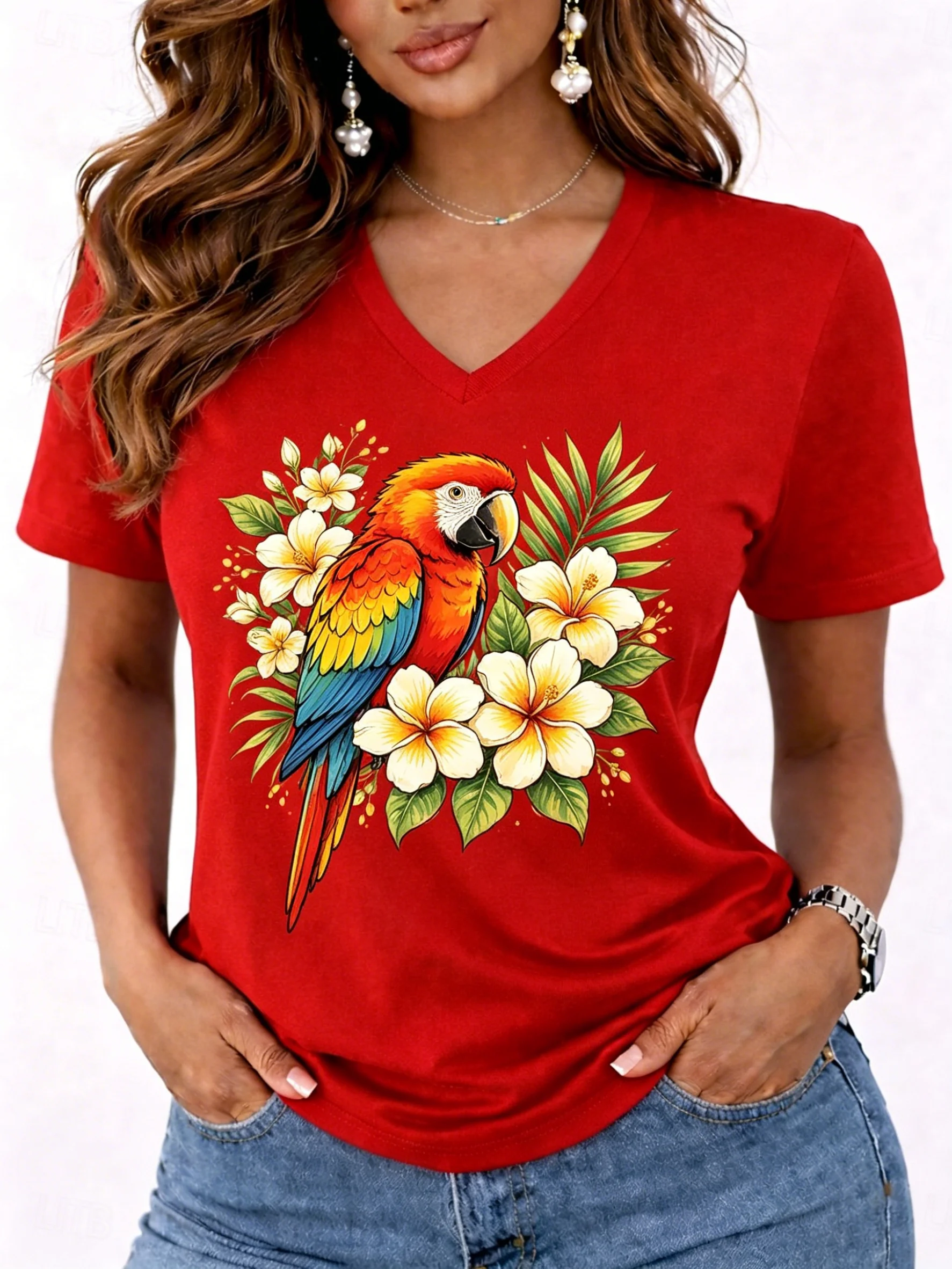 Women's Tropical Parrot & Plumeria Print V Neck T-Shirt, Short Sleeve Casual Tops, Stylish Daily Wear for Spring & Summer