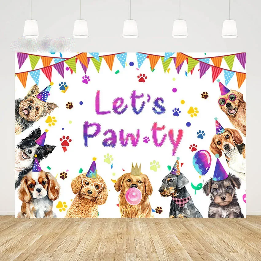 7X5FT Let's Paw-ty Paw Kitty Cats Dog Pets Happy Birthday Balloons Party Custom Photo Backdrop Background Vinyl 220cm X 150cm