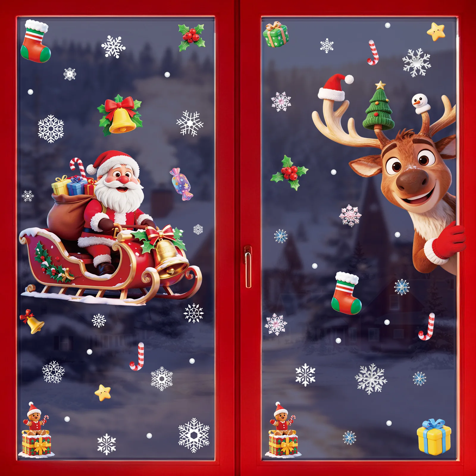 Christmas Decorations Snowflake Elk Glass Stickers, Dreamy Cartoon Santa Claus Static Window Clings, Holiday Window Decals
