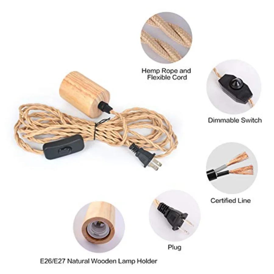 Industrial Pendant Light Cord with Dimmable Switch, Vintage Hanging Light Plug in Lamp Cord with Twisted Nylon Rope Lights Sock