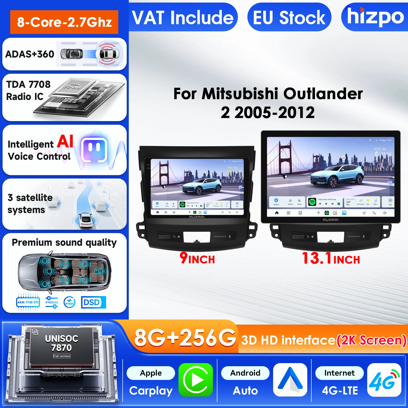 Autoradio intelligent Hizpo pour Mitsubishi Outlander XL 2, Peugeot 4007, Citroën C-Crosser, Carplay, GPS, écran QLED 2K 3D