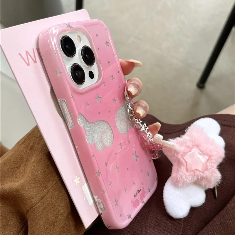 لطيف التدرج قوس قزح الكرتون ستار أجنحة الملاك بريق جراب هاتف آيفون 13 14 15 16 برو ماكس شعر رقيق ستاردست الكروب