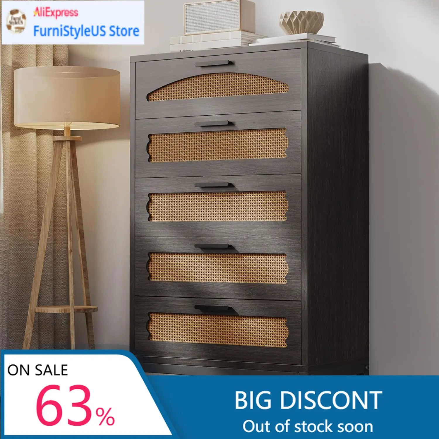

Комод с 5 ящиками из ротанга для спальни, высокий деревянный комод для гардеробной с металлическими ручками, прикроватные тумбочки в стиле бохо, комоды и тумбы для хранения