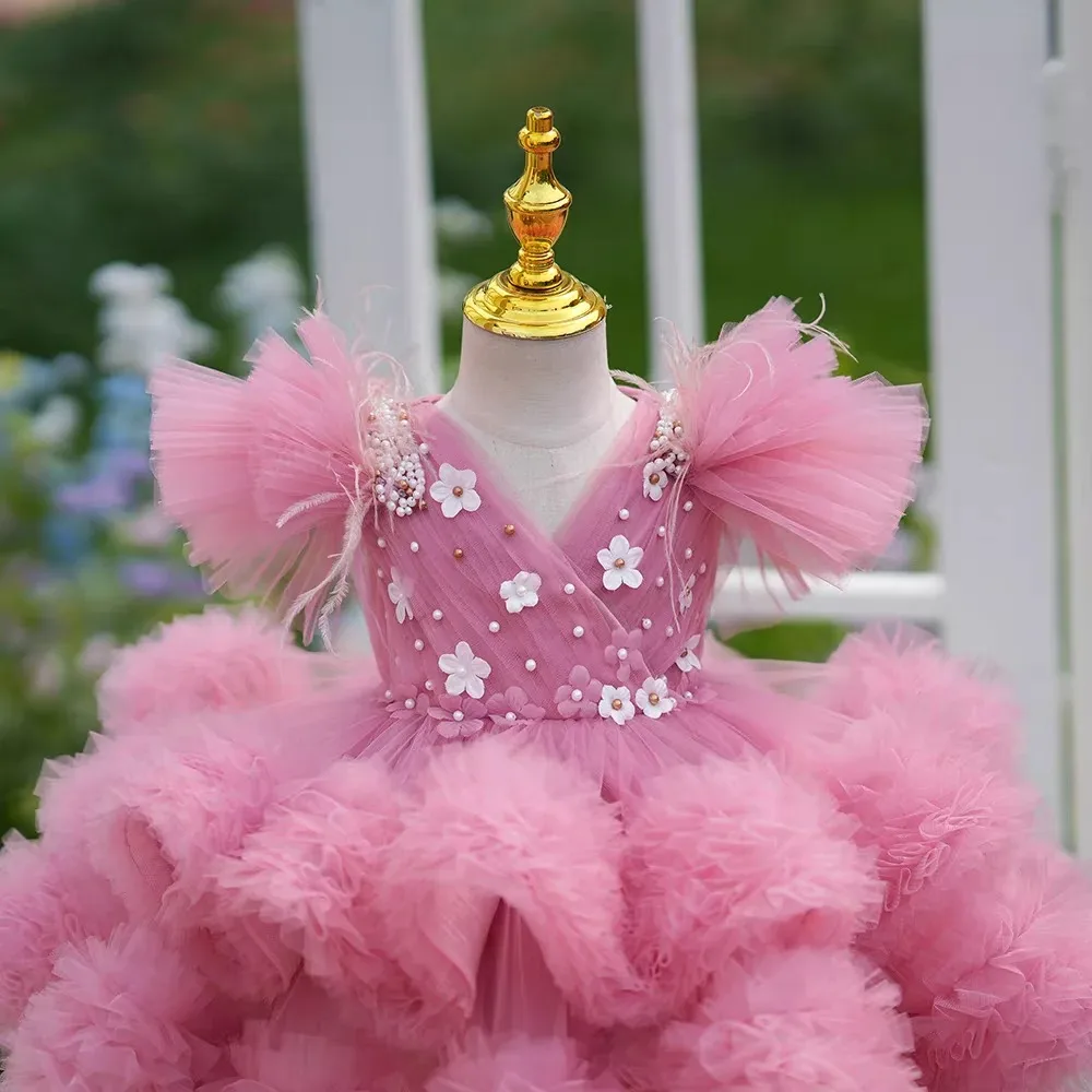 Preciosos vestidos de niña de flores rosas personalizados para boda, tul con volantes florales, fiesta de cumpleaños para niños, vestido de primera comunión con cuentas