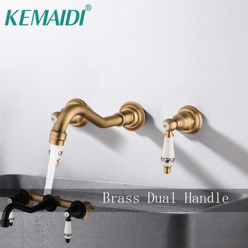 KEMAIDI Antiqe Brass Wall Mounted Widespread Bathroom Sink Faucet Lavatory Faucet Vanity Sink Mixer Tap 2 Handles 3 Holes